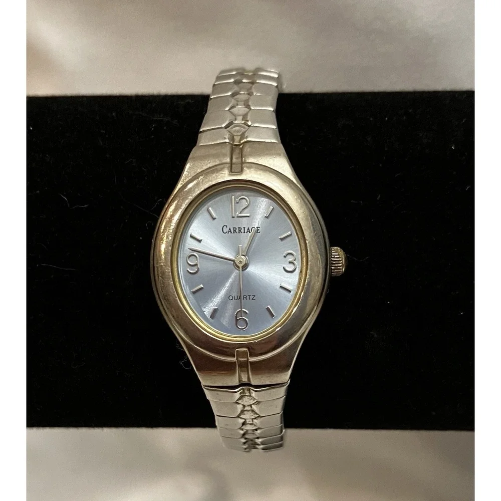 VTG Carriage Baby Blue Dial Oval Face Silver Tone Womens Watch New Battery Works